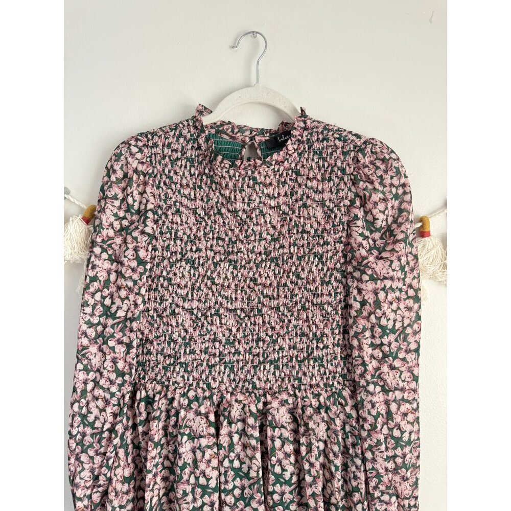 Lulus Floral Forever Green Pink Smocked Skater Mini Dress Coquette Cottage Fairy - Picture 7 of 11